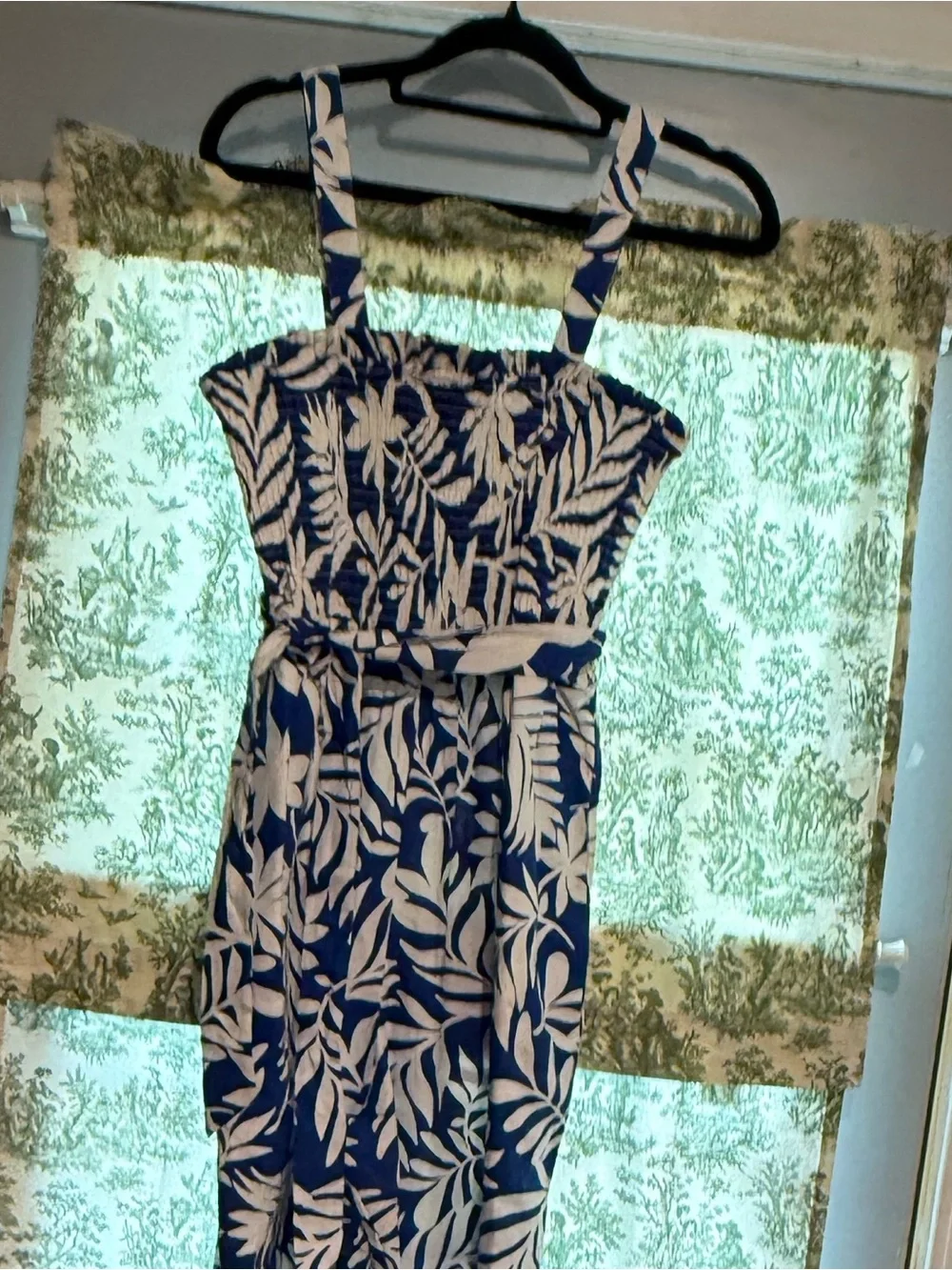 NWOT kate spade Blue & White Tropical Foliage Smocked Jumpsuit Wide-Leg Crop